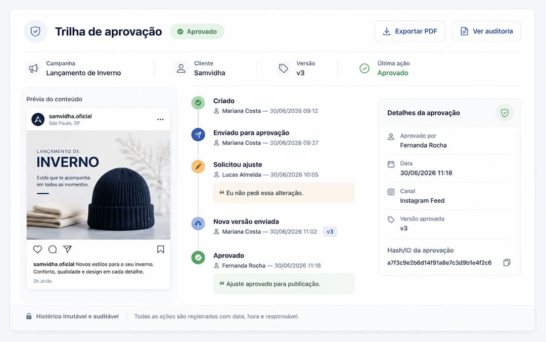 Demonstração da trilha de aprovação e histórico auditável